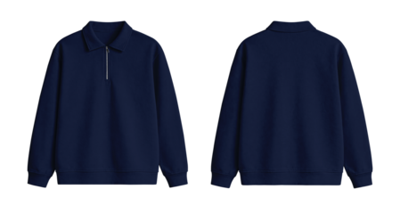 Blank Dark Blue Quarter Zip Polo Sweatshirt Mockup Front and Back Isolated on Transparent Background