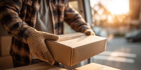 Naklejka premium Man wearing gloves holds package near van during sunset while preparing for delivery in a busy area