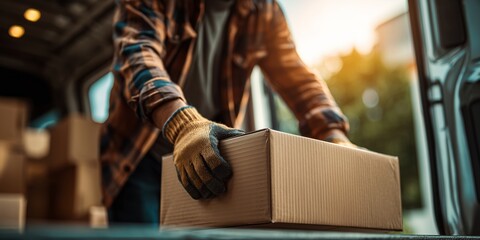 Man handling cardboard box during delivery in a van at sunset