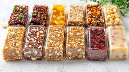 Several varieties of sealed emergency ration energy bars packed with oats fruit and nuts are displayed on a white surface