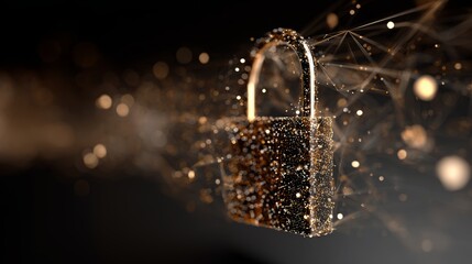 Golden padlock forming from glowing particles and connected lines, symbolizing robust network security, data encryption, and safeguard against cyber threats