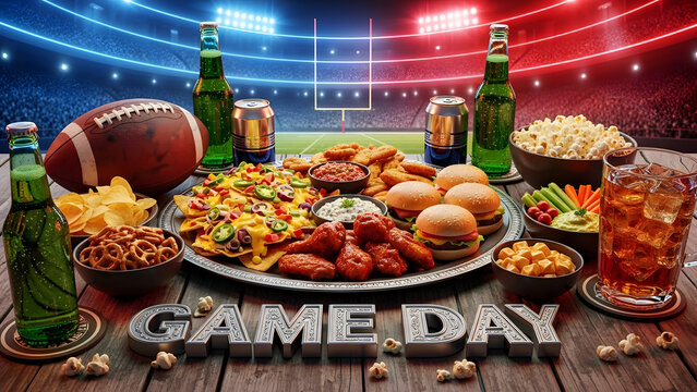 A high-energy sports design inspired by the biggest US sporting event, featuring metallic textures and dramatic stadium lighting to capture the ultimate Super Bowl hype.
