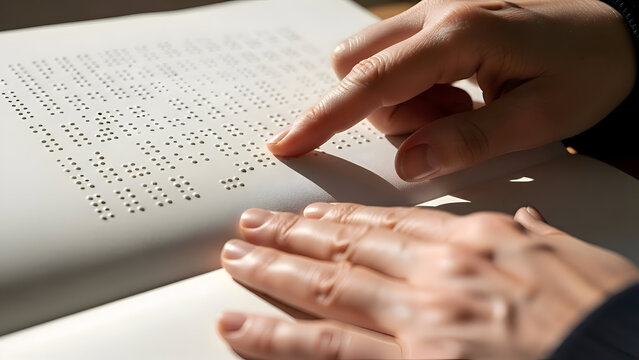 Closeup of hands reading braille book with fingers tracing the raised dots on the page