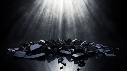 Sharp fragments of dark matte ceramic shattered into pieces under dramatic light beams