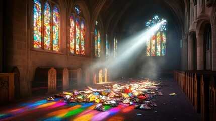 Shattered stained glass fragments scattered on the floor of a sunlit church interior casting vibrant colorful reflections