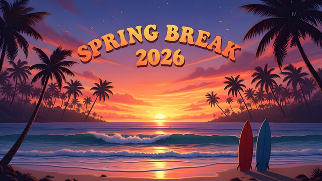 A bold spring break design combining vintage flair and tropical imagery, created to stand out in March travel and lifestyle promotions.A bold spring break design combining vintage flair and tropical i