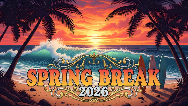 This vibrant spring break visual uses retro-inspired style and tropical details to deliver a fun, energetic vacation mood perfect for March.