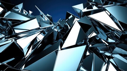 Sharp metallic fragments forming a complex geometric abstract design with reflective surfaces against a dark blue background