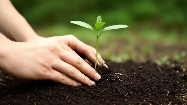 Close-up of a hand gently planting a small green sapling in dark brown soil with blurred greenery in the background.