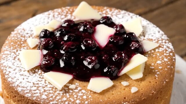 Delicious cake topped with blueberry compote and white chocolate pieces on a wooden table