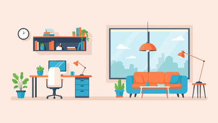 Naklejka premium A flat vector illustration of a cozy home office and living room with a desk, sofa, and city view