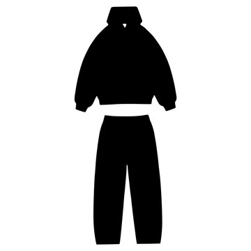 A minimalist vector graphic of a black cropped hoodie and matching sweatpants on a white background