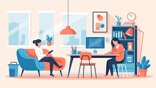 A flat illustration of two women in a modern office with a city view, one working at a desk
