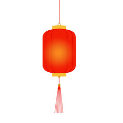 Cylindrical red chinese lantern illustration, glowing oblong paper lamp for lunar new year and asian festivals isolated on transparent background 