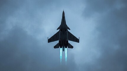 Military Jet Ascending with Blue Afterburners Against Dark Sky