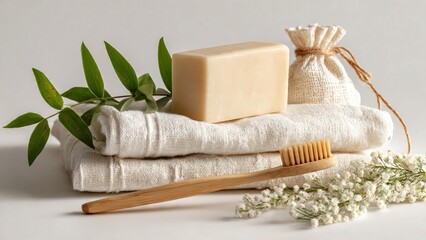Eco-friendly self-care essentials for a sustainable bathroom, showcasing natural soap, a bamboo toothbrush, and soft organic towels, promoting a zero-waste and mindful lifestyle