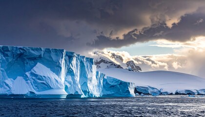 Stunning Antarctic coastal scene with a large blue ice wall, stormy sky, and snow-capped mountains in the background