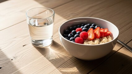 Healthy oatmeal bowl topped with fresh strawberries blueberries raspberries and glass of water