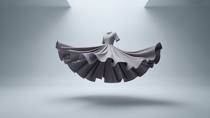 Minimalist grey dress floating in a studio spotlight with a spinning skirt effect