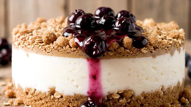 A delicious cheesecake topped with blueberry compote and crushed nuts on a wooden table viewed from the side