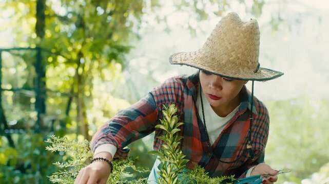 Woman Tending Plants in Greenhouse