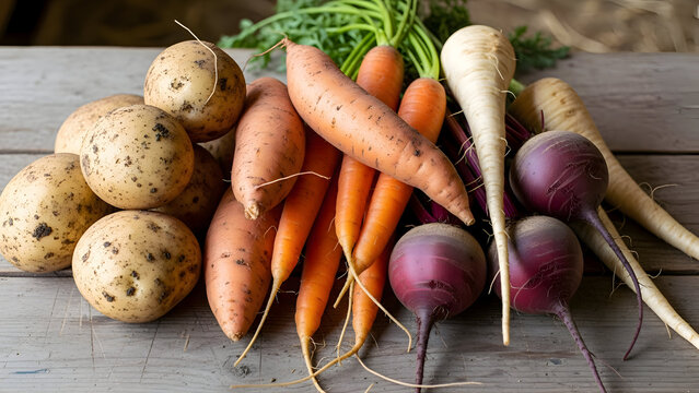 Assorted root vegetables including carrots potatoes and beets on wooden table in farm market