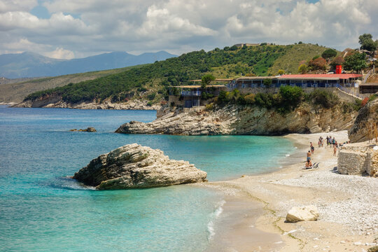 panoramic of Pulebardha Beach, Ksamil, Albania. Summertime on albanian riviera