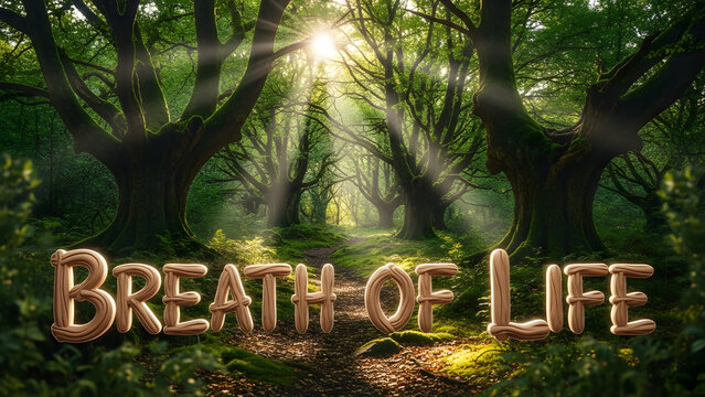 3D render of a lush green forest landscape with sunbeams filtering through trees and wooden text BREATH OF LIFE. Nature beauty and life concept