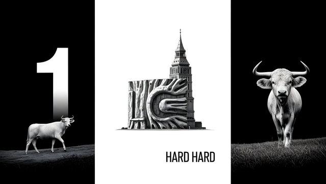 3D monochrome triptych render featuring number one, a tower relief sculpture, and a powerful bull. Minimalist black and white fine art concept