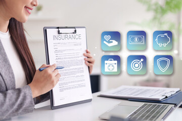 Businesswoman presents insurance policy for signing illustrating benefits for financial security health care and life protection insurance policy financial planning health care