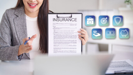Professional agent presents insurance policy document explaining health life and financial protection for future security and savings insurance protection investment