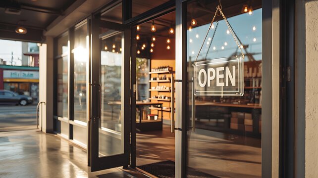 Open sign visible on glass storefront of modern retail shop
