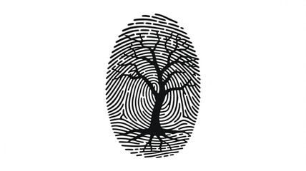 Black Tree Silhouette Fingerprint on White Background