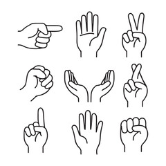 Fototapeta premium Set of Minimalist Hand Gesture Line Icons Including Pointing Peace Sign and Open Palm for Design Projects