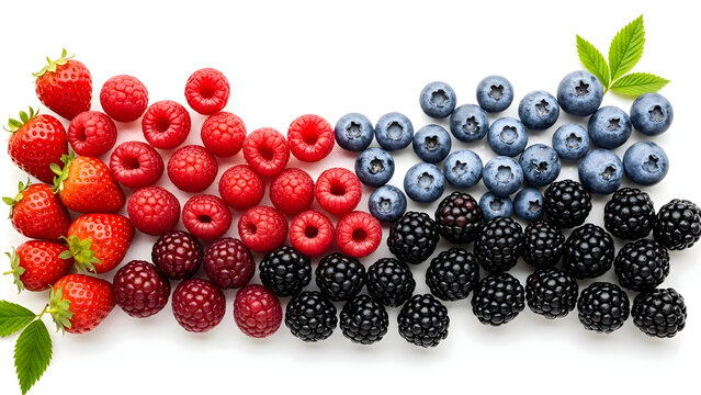 Assorted berries including strawberries,  raspberries,  blueberries,  and blackberries isolated on white background