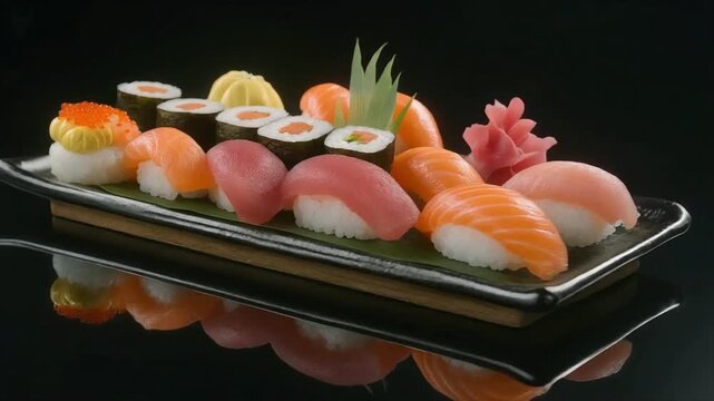 Mixed sushi platter rotating slowly with salmon tuna tamago and ebi pieces arranged in perfect symmetry with cinematic reflections enhancing luxurious freshness.