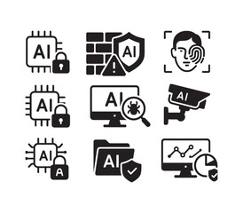 Fototapeta premium AI Cybersecurity Icons Set with Firewall, Threat Detection, Malware Scan and Secure Data