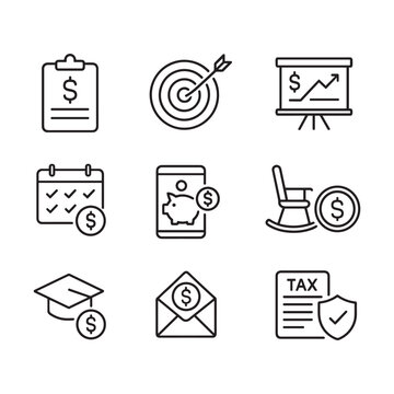 Personal Finance Outline Icons Set with Goals, Retirement, Education Savings and Tax Protection