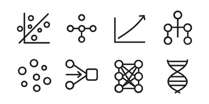 Data Science and Machine Learning Icons Set with Charts, Clustering, Neural Network and Biometrics