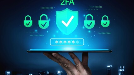 Digital security concept with two-factor authentication shield and lock icons on a tablet in a futuristic city night background for online protection Gluon.