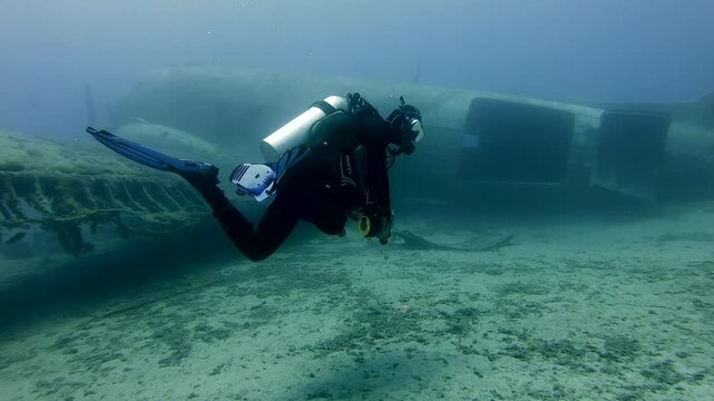 Old sunken war plane wreck underwater resting on deep sea floor covered with moss growth. Historic WWII aircraft remains create eerie mysterious scene for diving exploration.