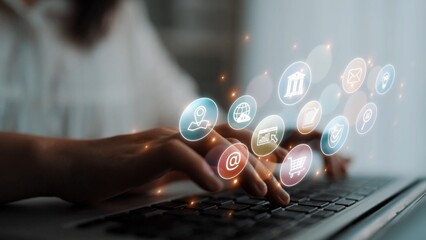 Set of business and digital service icons representing finance, cloud, analytics, email, communication, ecommerce, cybersecurity, and global connectivity in a modern ecosystem Marrow