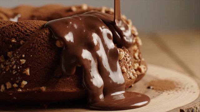 A rich and decadent chocolate bundt cake generously drizzled with a luscious cascade of warm, melted chocolate ganache, creating an irresistible dessert experience