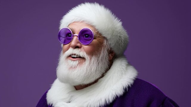 A joyful, modern Santa Claus wearing a deep purple suit with white fur trim and matching purple round sunglasses, laughing heartily against a solid purple backdrop.