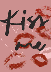 Vector poster illustration of red lips print. Romantic love symbol perfect for Valentines Day holiday, wedding designs, posters, invitations and festive decor.