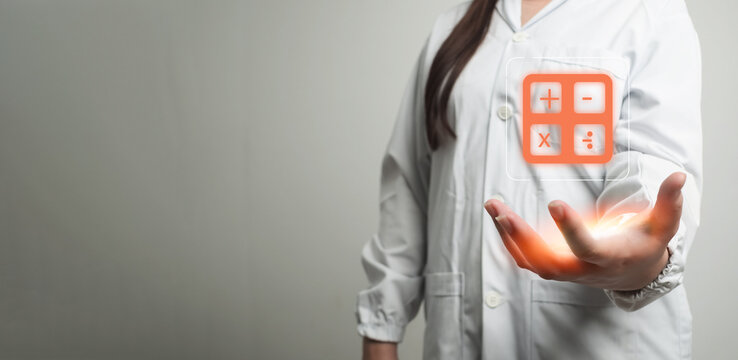 Digital calculation concept with virtual calculator icon above human hand. Smart technology, data analysis, financial computing, artificial intelligence, automation and modern business solution. - Powered by Adobe