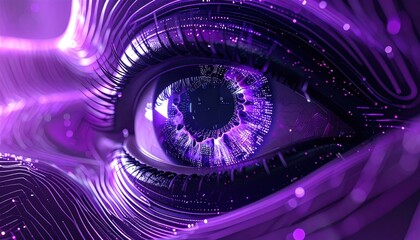 Cybernetic Eye: Futuristic Purple Vision with Digital Circuitry and Lashes