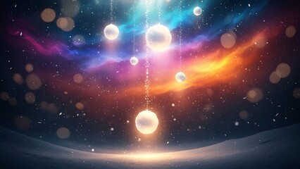 A mystical cosmic snowfall with luminous orbs descending over an ethereal landscape