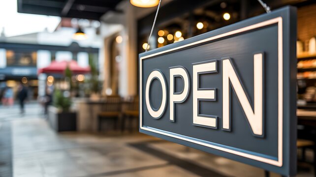 Open sign displayed inside modern shopping mall retail store
