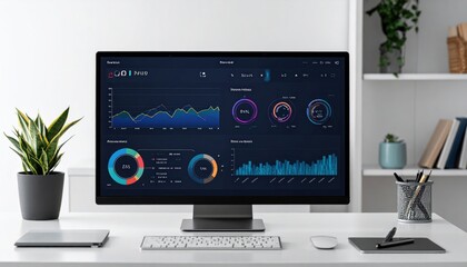Data Visualization on Computer Screen with Plant and Accessories.